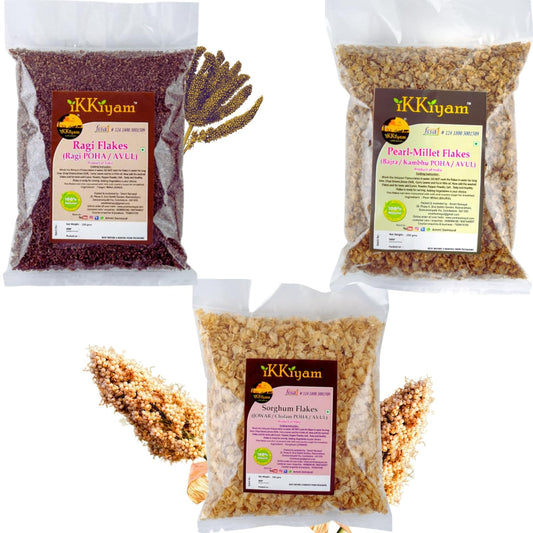 Ikkiyam Combo of Bajra,Jowar & Ragi flakes(poha) /Organic finger millet Ragi/Aval puttu/Glutten free flakes(poha) /Miracle millet Ideal & Healthy Food for Adults & Childrens/Pack- 3,250g each