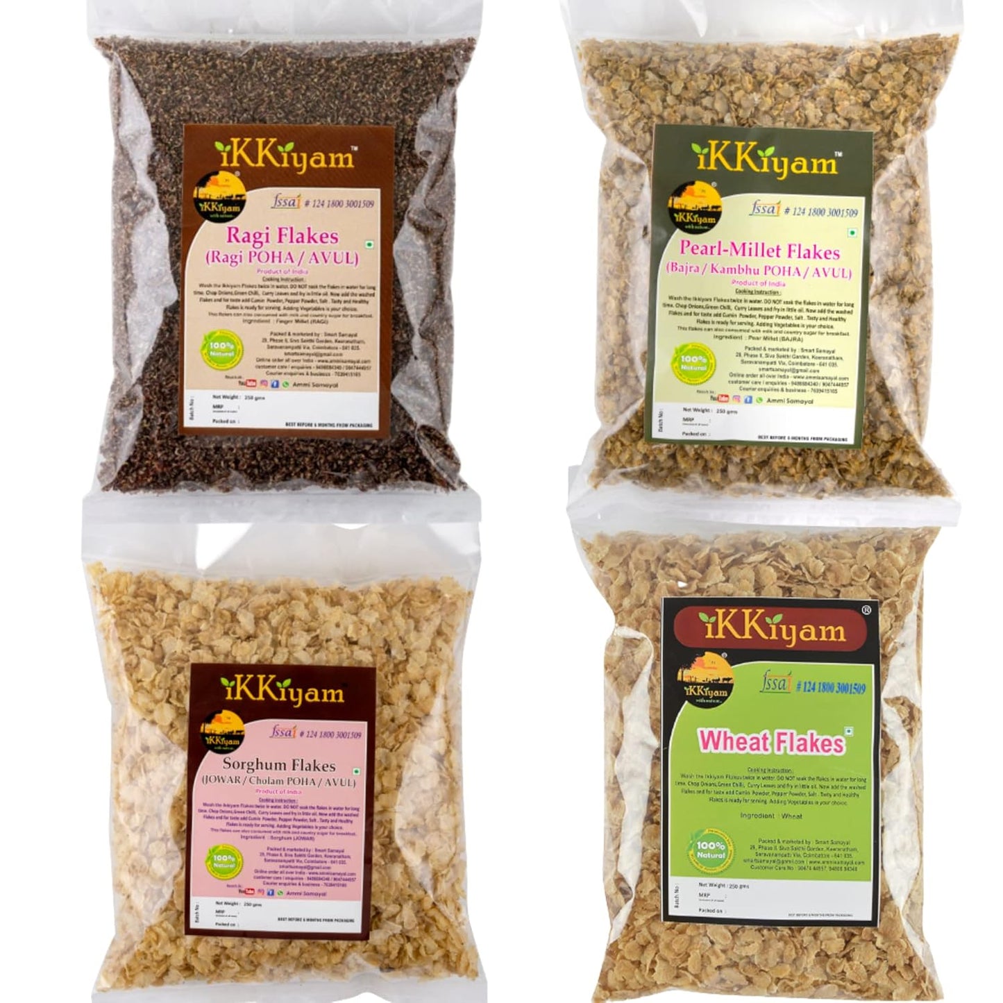 iKKiyam Combo Of Bajra,Jowar,Wheat And Ragi Flakes(Poha)|Organic Finger Millet Ragi/Aval Puttu|Glutten Free High Fiber Wheat Flakes(Poha)|Miracle Millet Best For Weight Loss|Pack Of 4|250G Each