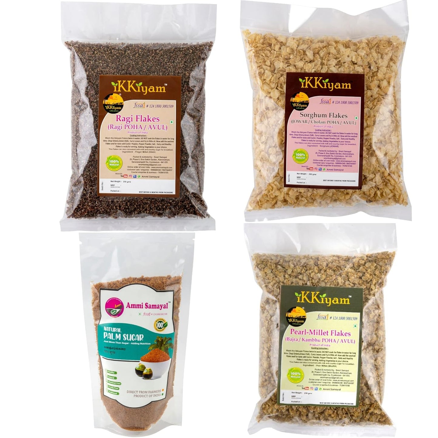 Ikkiyam Combo of Bajra Flakes (Poha)250g, Ragi Flakes (Poha)250g, Jowar Flakes (Poha)250 Grams and Palm sugar 200g - Breakfast combo muesli