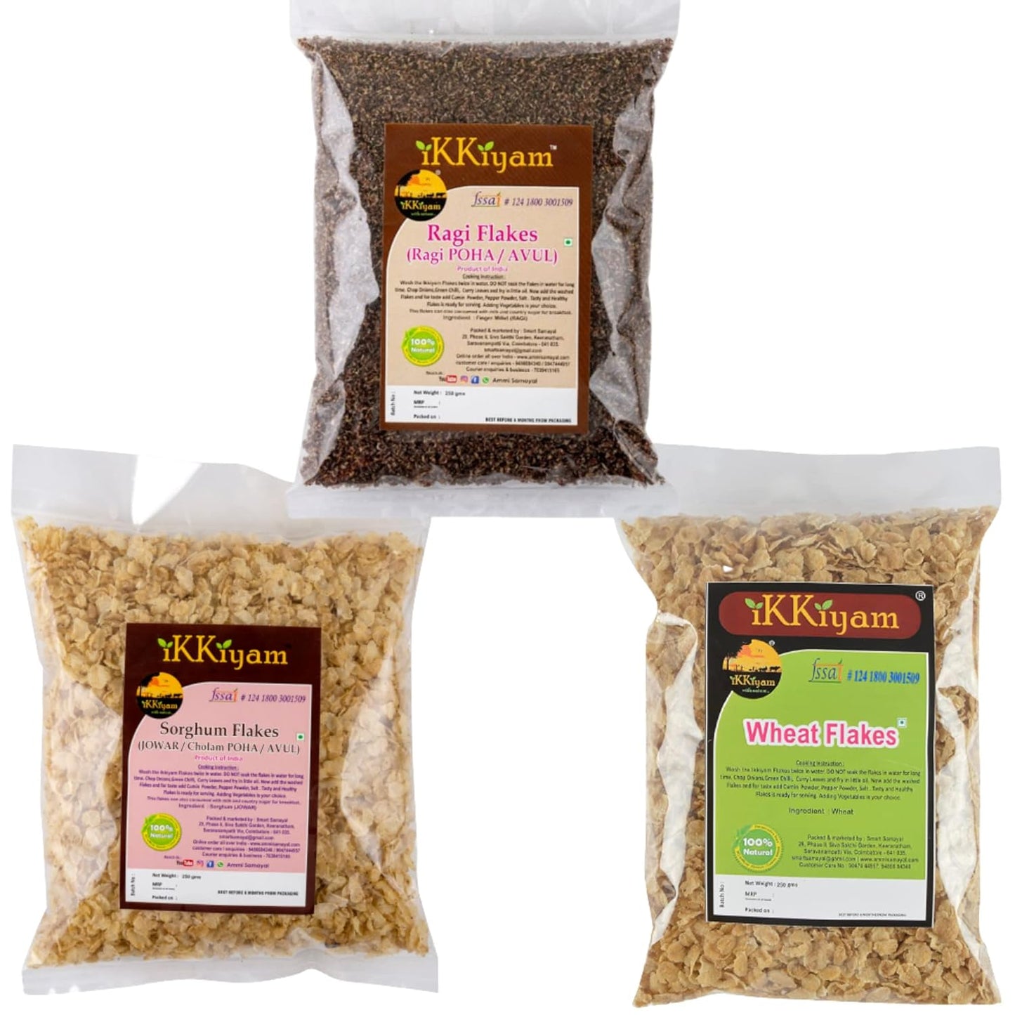 Ikkiyam Combo of Wheat Flakes (Poha) 250g, Jowar Flakes (Poha) 250g and Ragi Flakes (Poha) 250 Grams