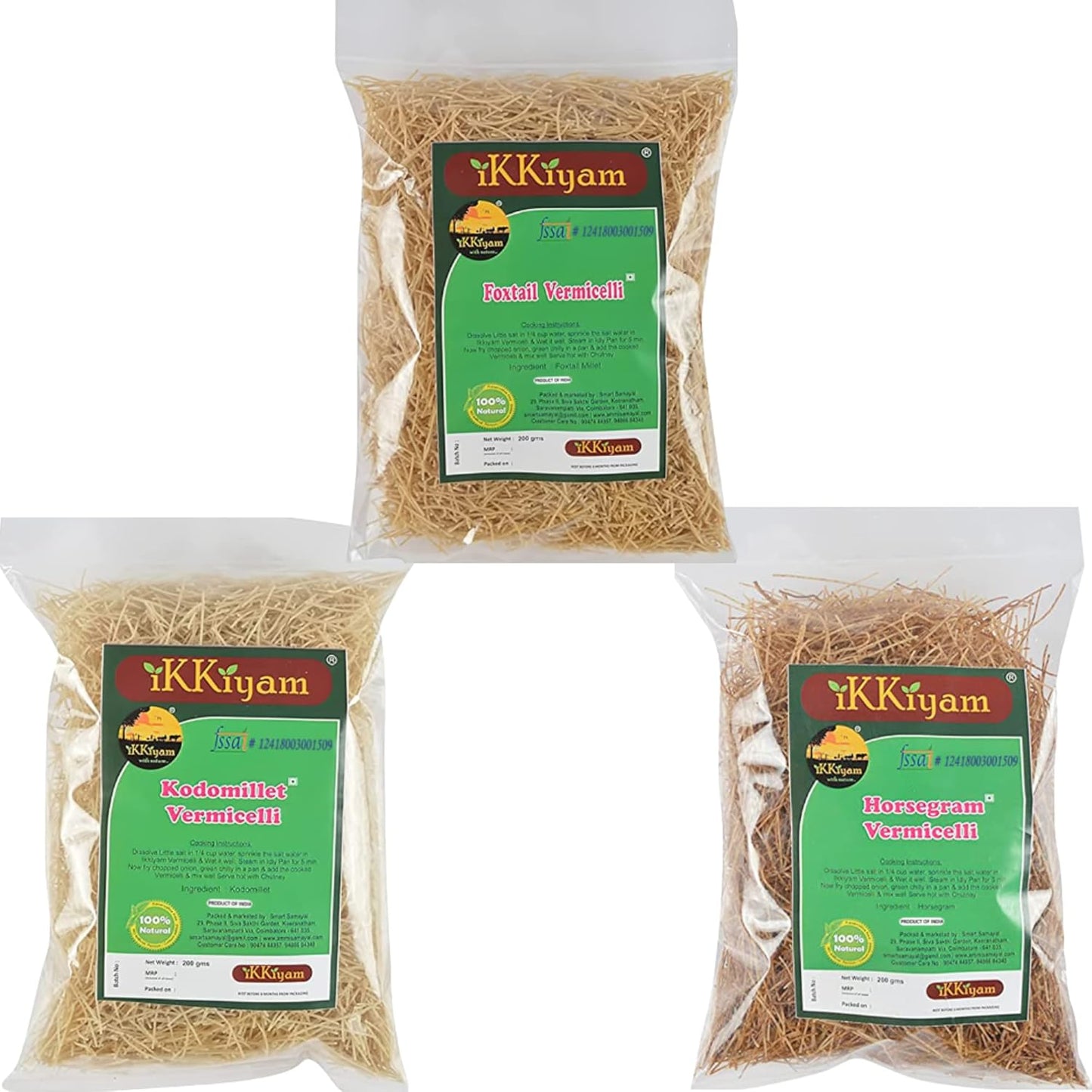 Ikkiyam Combo of Foxtail Millet Vermicelli (semia), Kodomillet Vermicelli (semia) and Horsegram Vermicelli (semia), 600 Grams