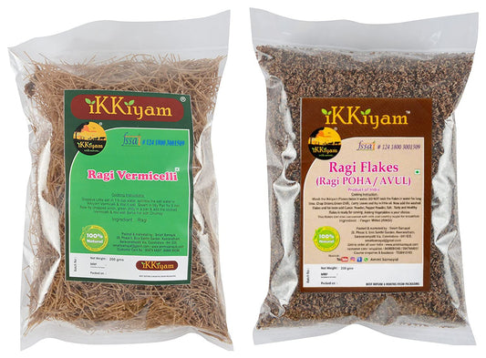 Ikkiyam Combo Of Ragi Vermicelli, 200g & Ragi Flakes, 250g | Gluten-Free Diet | Organic & Premium Finger Millet Poha And Semiya | Healthy & Tasty Breakfast Option | Combo Of 2