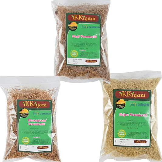 Ikkiyam Combo of Bajra /Ragi /Horsegram Vermicelli (Semia) | Semiya Rich in Fiber, Grain, Magnesium & Iron | Premium Organic Sevai| Tasty & Healthy Sevaiya | South Indian Flavour | Pack-3| 200 g each