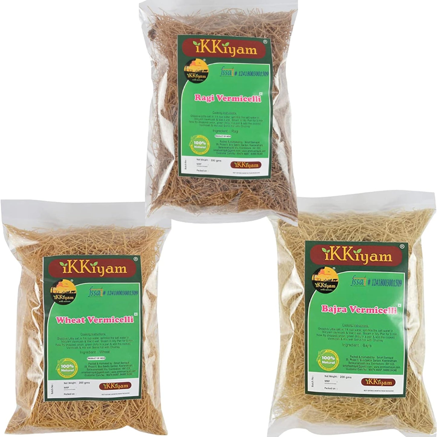 Ikkiyam Combo of Bajra Vermicelli (semia), Ragi Vermicelli (semia) and Wheat Vermicelli (semia), 600 Grams